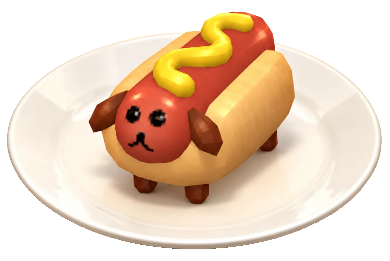 Hot Dog on his plate, a bun with a sausage face, floppy ears and a stripe of mustard
