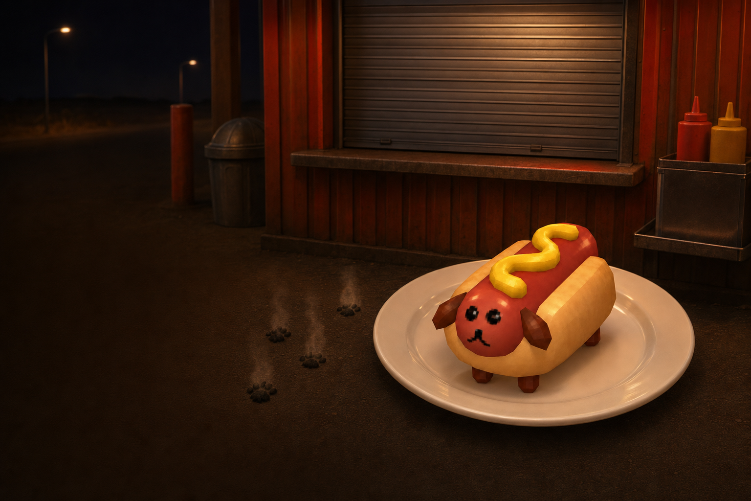 Hot Dog, a small dog-shaped hot dog with a mustard squiggle, sitting on a plate outside a closed hot dog stand at night, a trail of smoking paw prints behind him